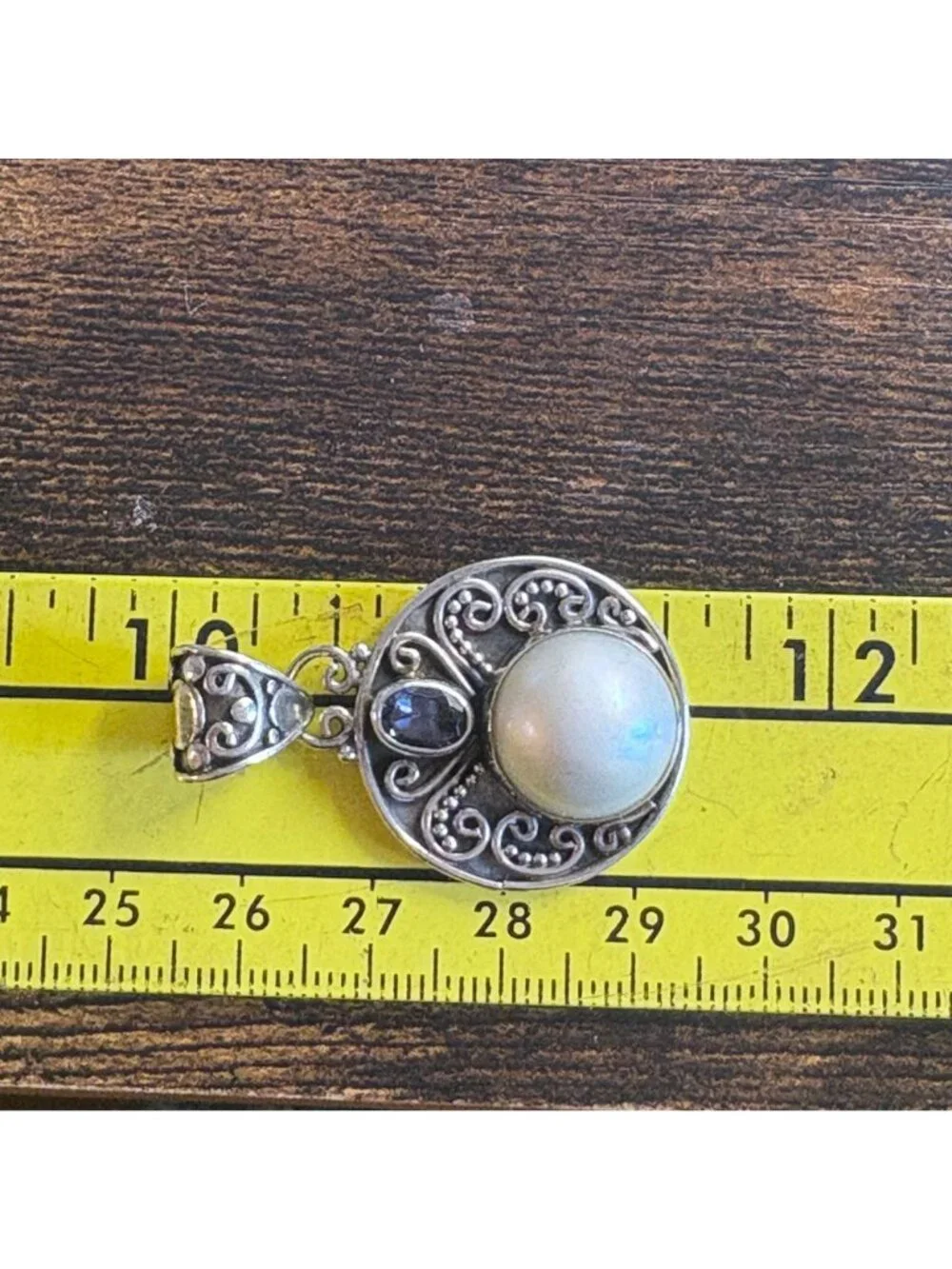 Mabe Pearl & Blue Gemstone Circle Pendant Sterling Silver 925 Size 1.5